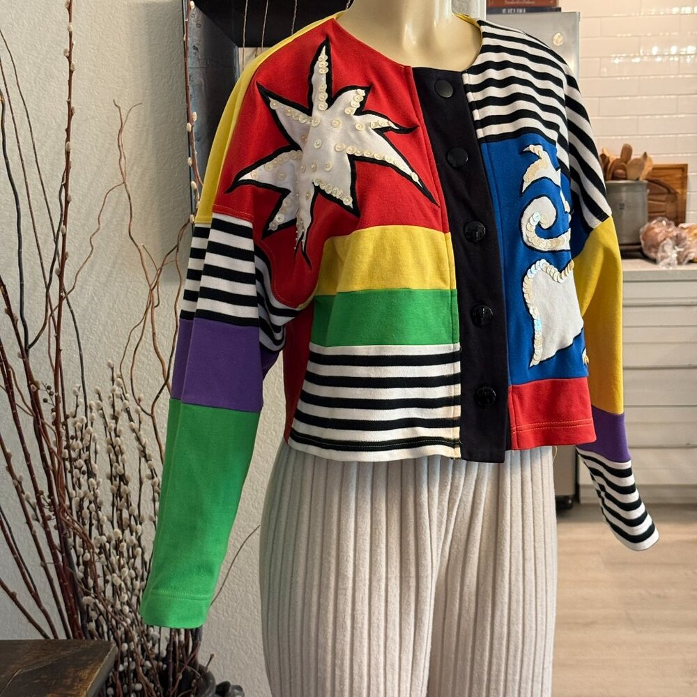 ibe Button Front Cotton Art Jacket color block w/ hand applied embellishments